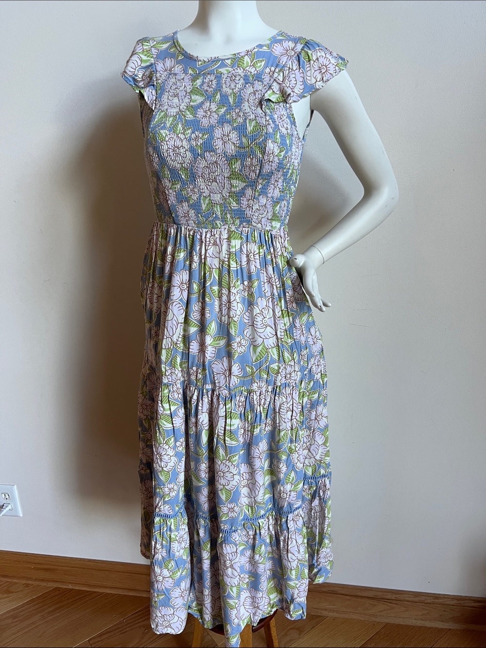 Matilda Jane Lavender Floral Smocked Midi Dress with Green Leaves